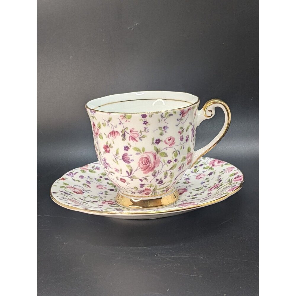 Windsor Chintz Teacup and Saucer Pink Roses Fine Bone China Gold Trim Vintage
